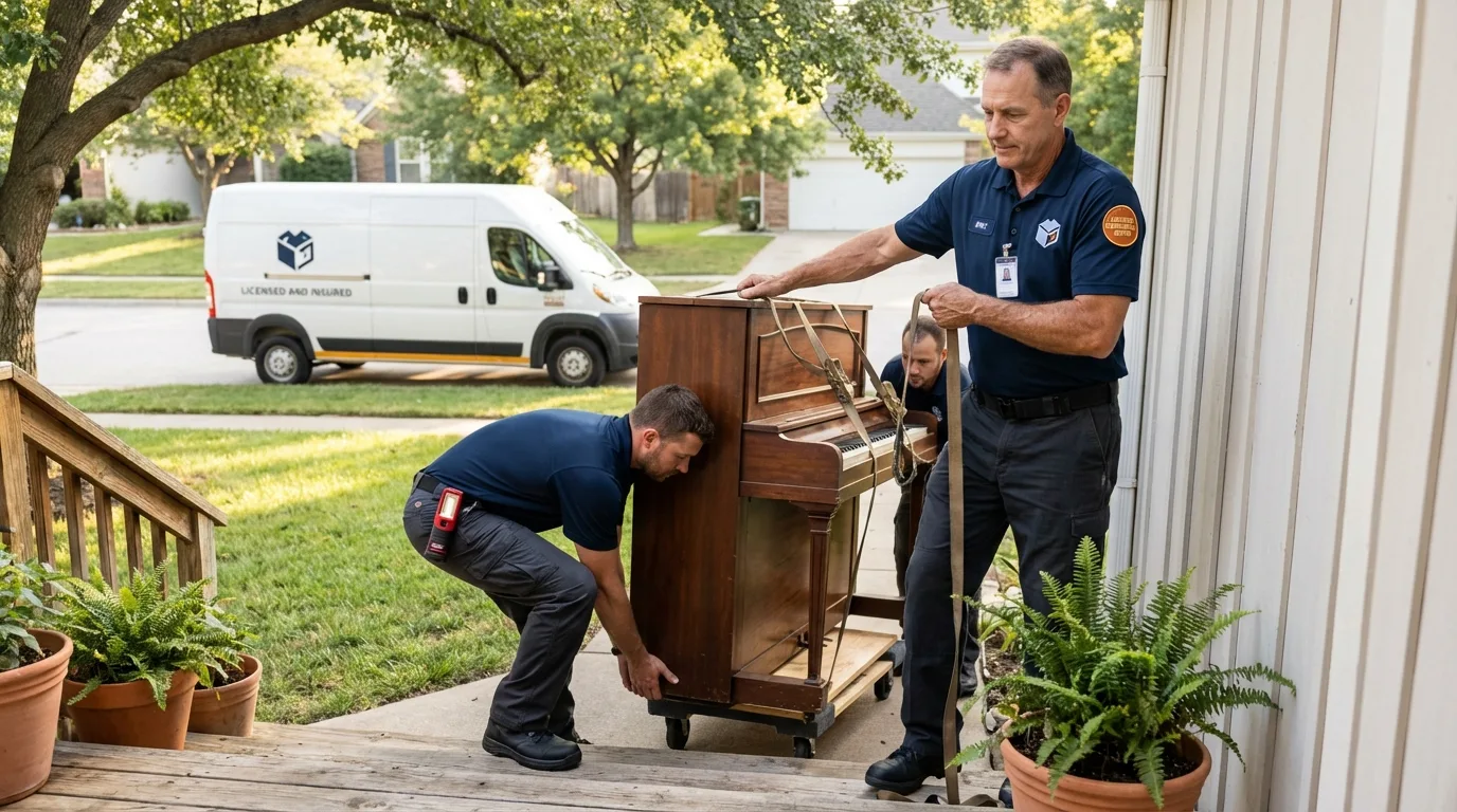Licensed piano movers securing grand piano in Orange, VA