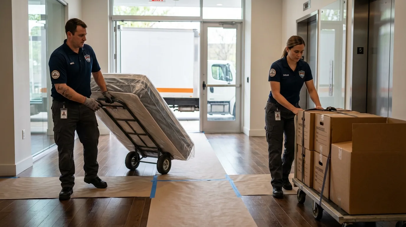 Professional apartment movers loading elevator in Orange, VA