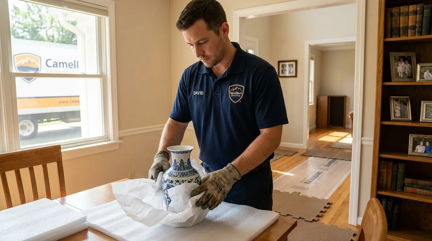 Professional crew carefully wrapping antique vase for senior downsizing move in Orange, VA